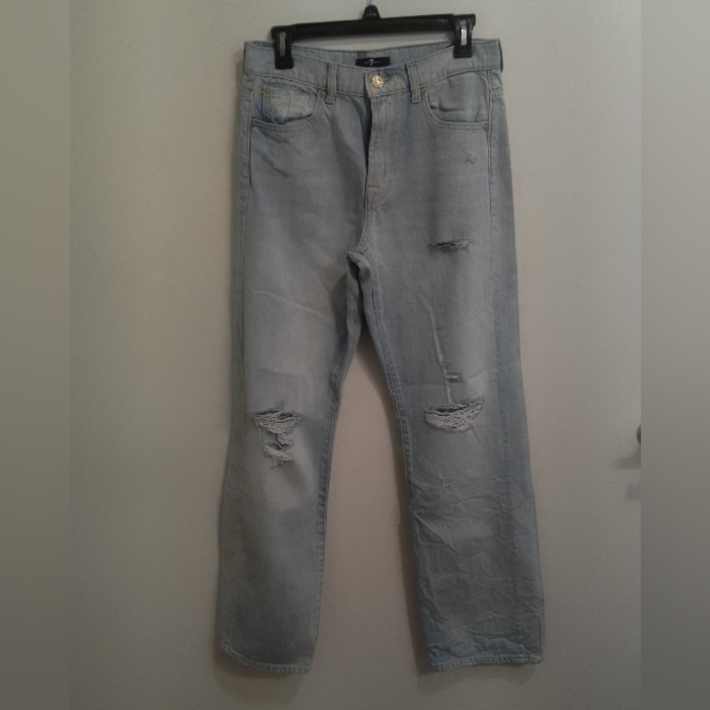 7 For All Mankind Blue Straight Distressed Jeans